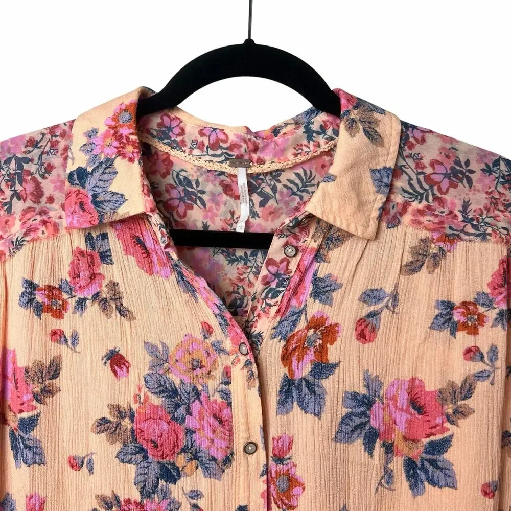 Free People Hold On To Me Floral Button Front Blouse Coral Cottage Boho Large